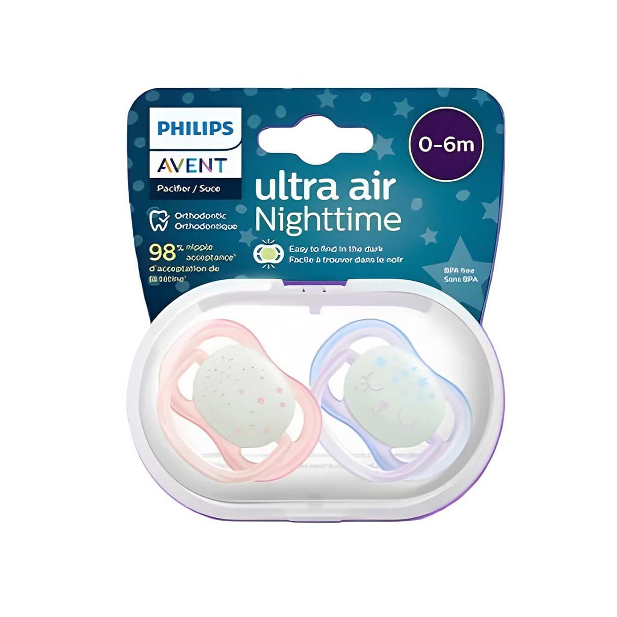 پستانک ارتودنسی شب‌تاب ۰ تا ۶ ماه دوتایی فیلیپس اونت PHILIPS AVENT سری UltraAir مدل SCF376/12