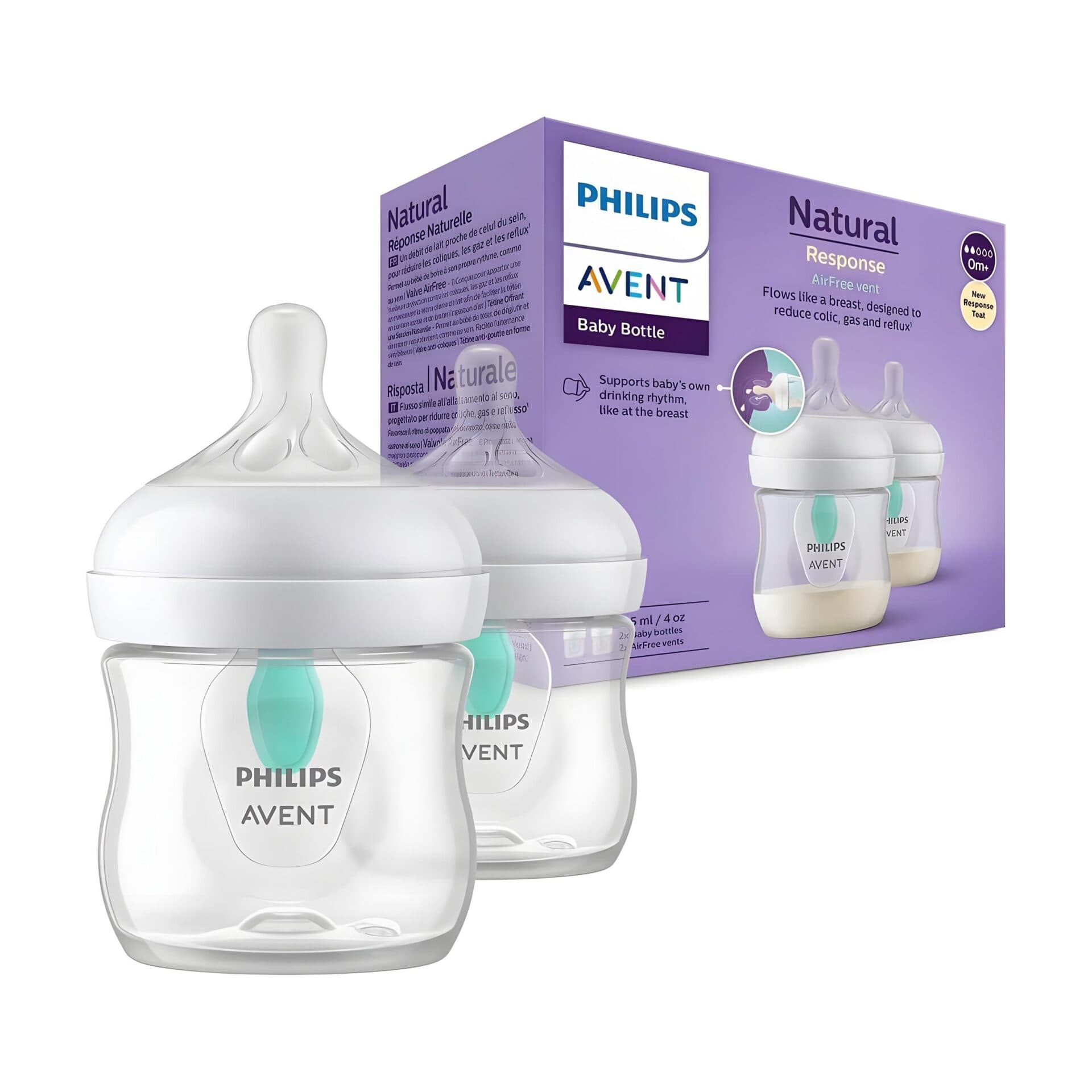 شیشه شیر نچرال ۱۲۵ میلی لیتر با سوپاپ AirFree فیلیپس اونت PHILIPS AVENT سری Response – بسته دوتایی — تصویر ۲