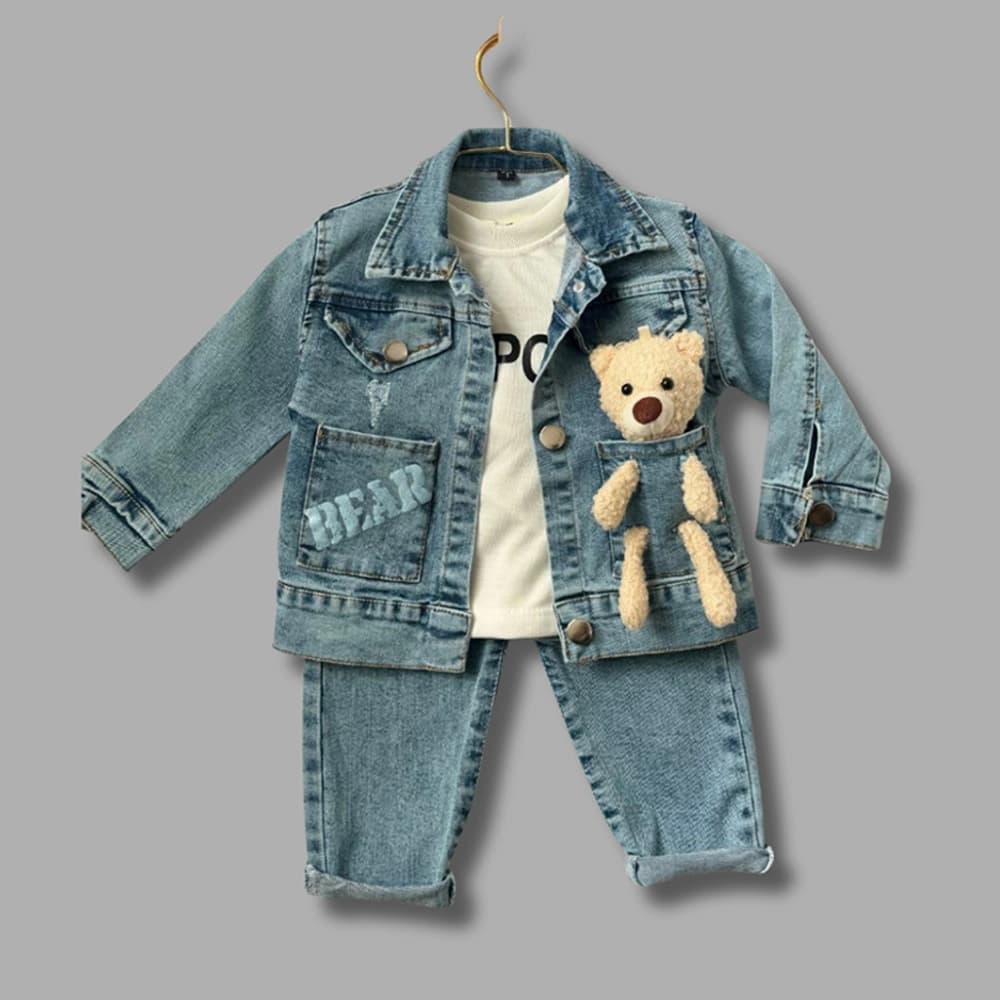 ست سه تیکه جین نقلی دخترانه پسرانه طرح BEAR