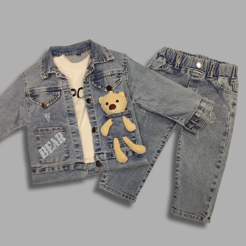 ست سه تیکه جین نقلی دخترانه پسرانه طرح BEAR — تصویر ۳