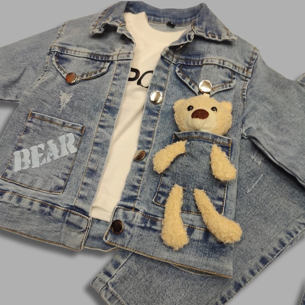 ست سه تیکه جین نقلی دخترانه پسرانه طرح BEAR — تصویر ۴