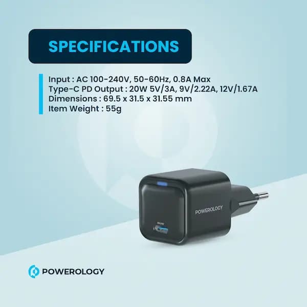 شارژر دیواری Powerology GaN ۲۰ وات | کوچک‌ترین گزینه برای شارژ سریع همراه — تصویر ۴