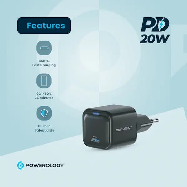 شارژر دیواری Powerology GaN ۲۰ وات | کوچک‌ترین گزینه برای شارژ سریع همراه — تصویر ۳