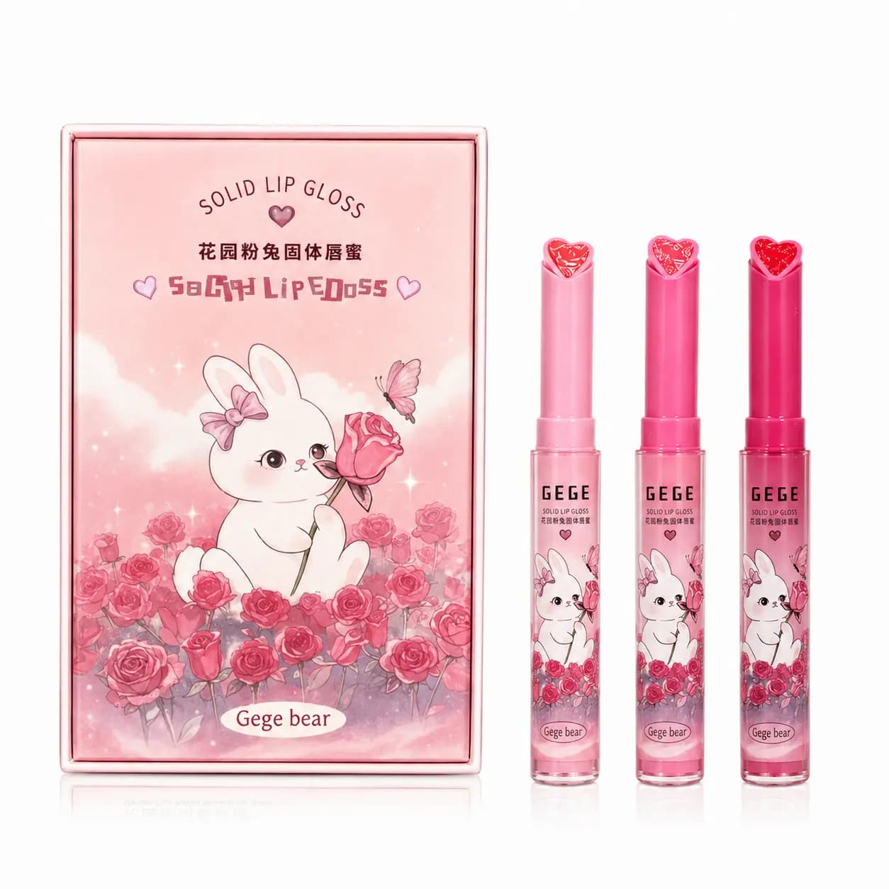 لیپ گلاس جی جی بیر GeGe Bear مدل Solid Lip Gloss سر قلبی شاین دار پک ۳ عددی