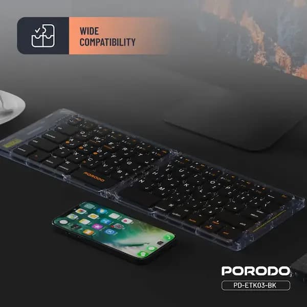 کیبورد شفاف و تاشو Porodo Crystal Shell – طراحی مینیمال، تایپ سریع و بلوتوث تا ۱۰ متر — تصویر ۶