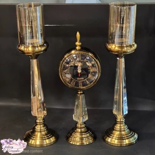 ست شمعدان و ساعت پایه کریستالی زیتونی کد 1718-1750 — تصویر ۲