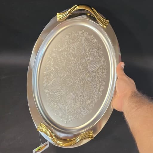 سینی استیل بیضی ارتیستون مدل صدفی دسته طلایی کد 15479 — تصویر ۴
