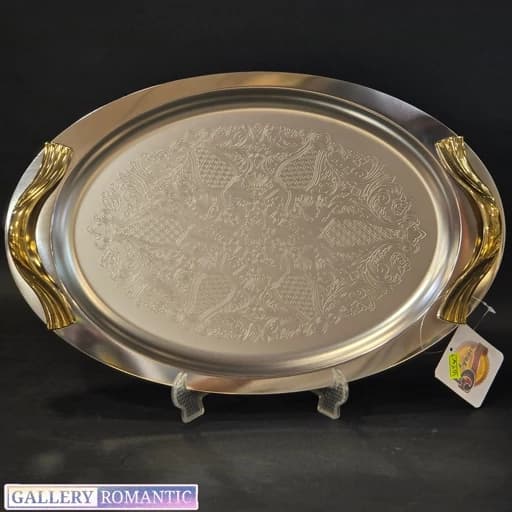 سینی استیل بیضی ارتیستون مدل صدفی دسته طلایی کد 15479