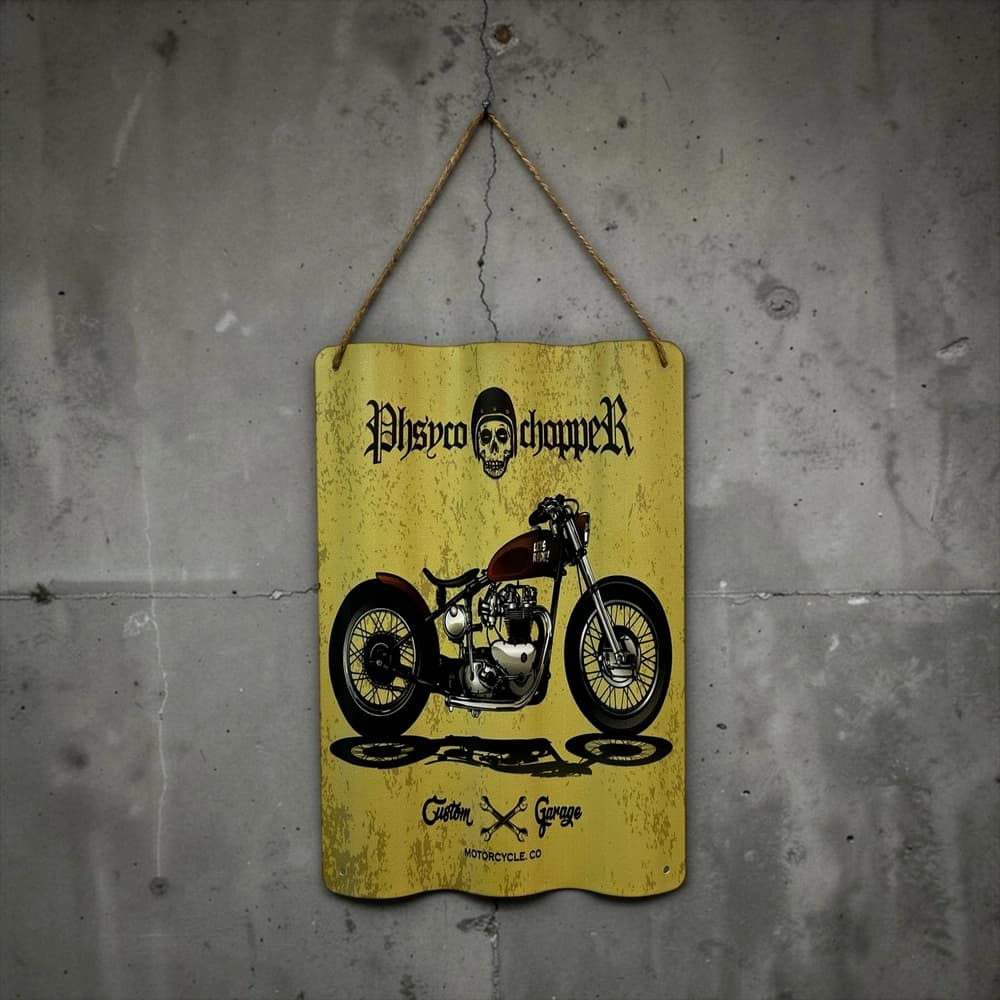 تابلو فلزی موج‌دار طرح Custom Motorcycle Garage