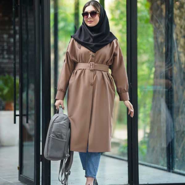 مانتو دانشجویی بلند کمربند دار — تصویر ۴