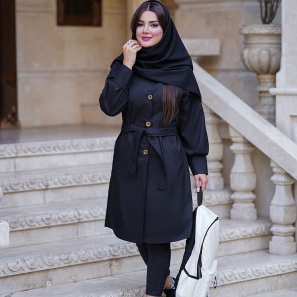 مانتو دانشجویی پاییزه کمربند دار — تصویر ۵