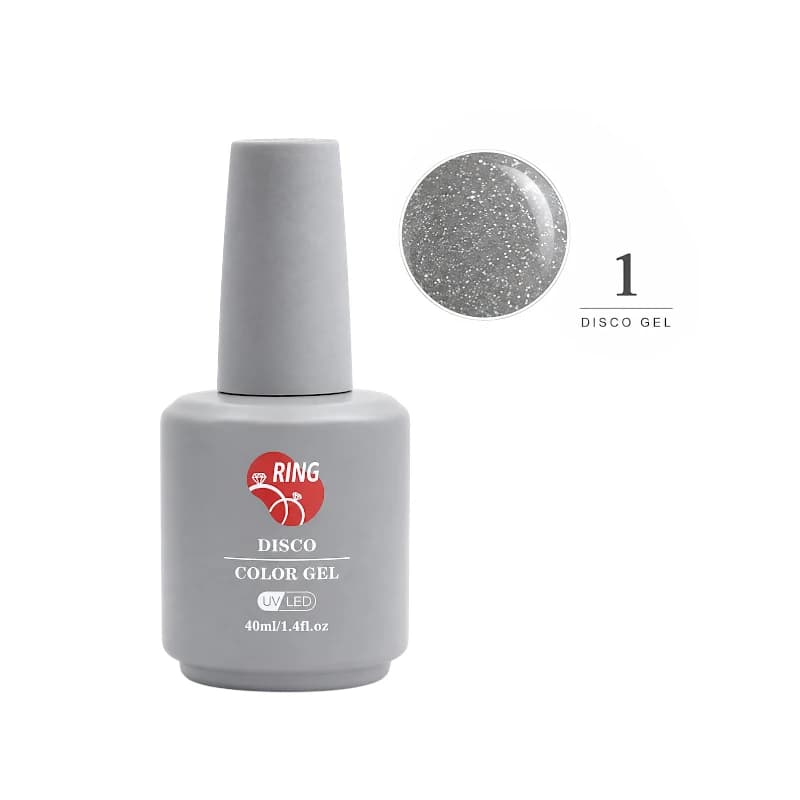 لاک ژل دیسکو ناخن رینگ RING کد 1 رنگ نقره‌ای حجم ۴۰ میل (شاین فلش UV/LED)