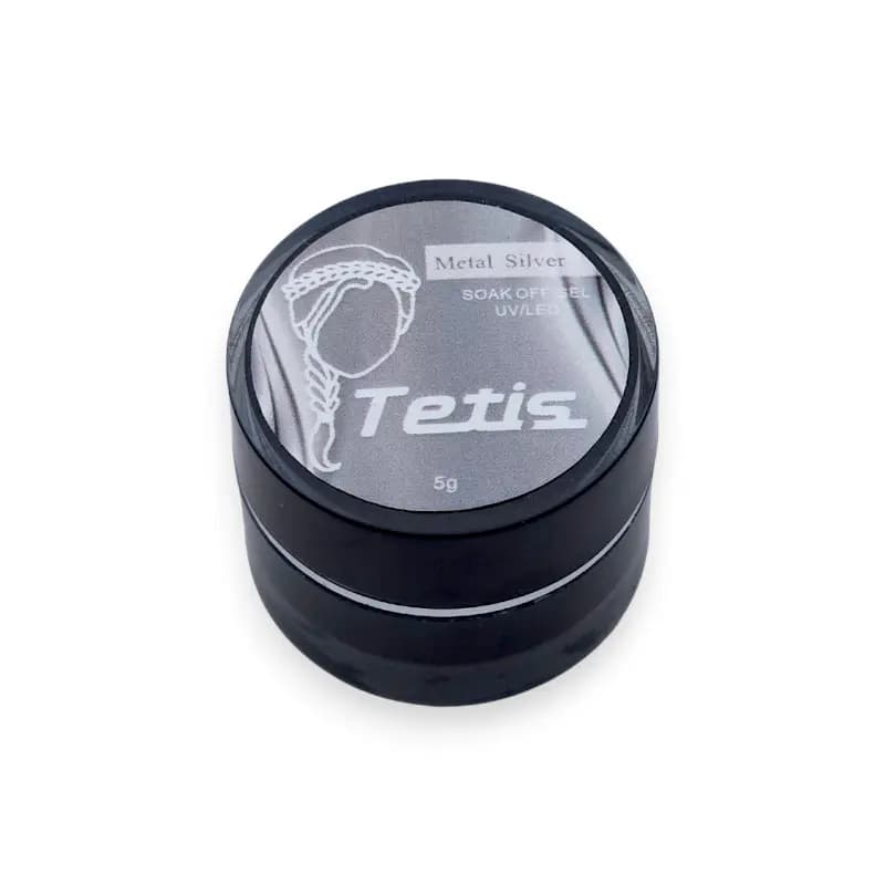 متال ژل طراحی ناخن تتیس Tetis مدل Metal Silver (رنگ نقره‌ای متالیک) وزن ۵ گرم | ژل پینتینگ سوک آف با افکت آینه‌ای براق UV/LED