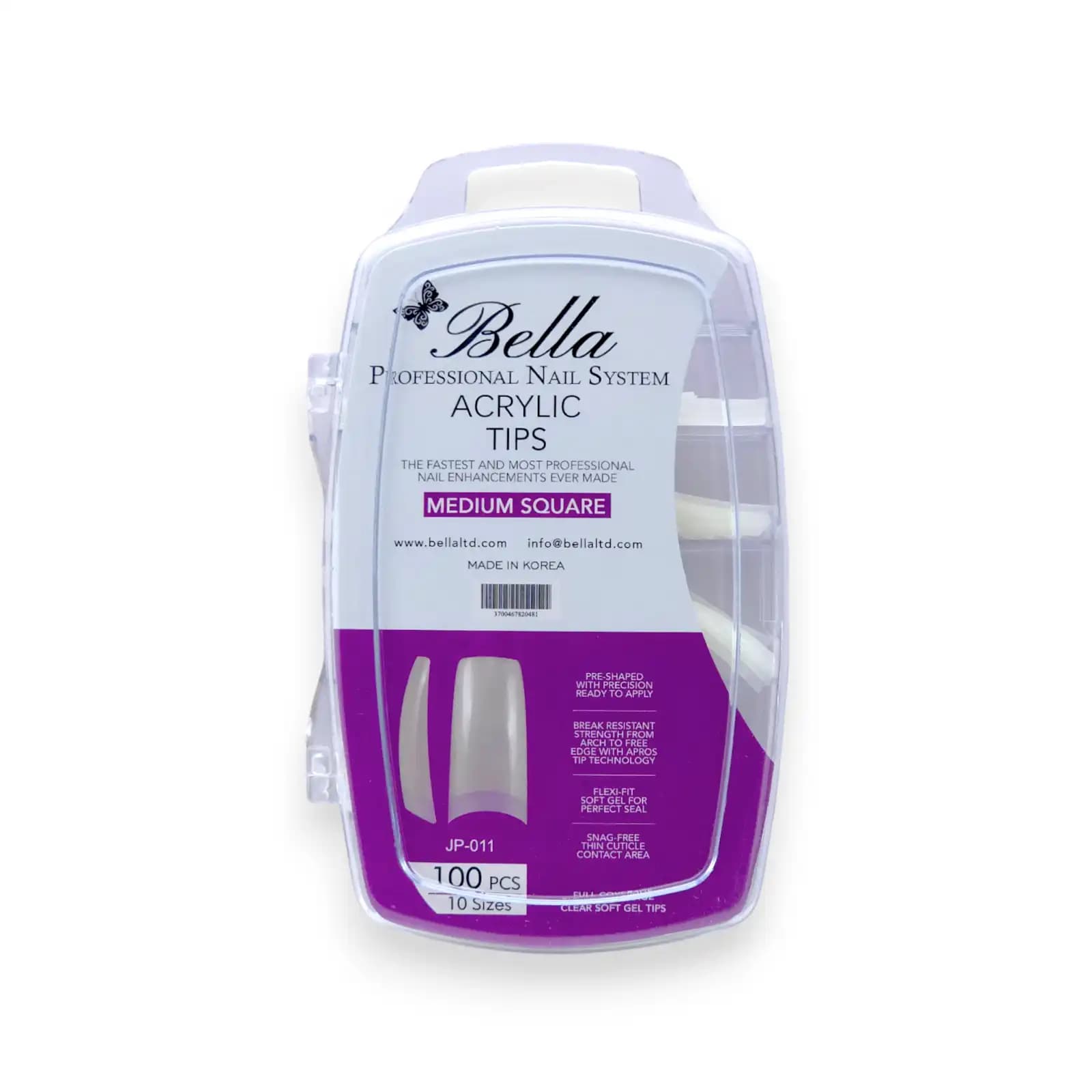 تیپ کاشت ناخن آکریلیک بلا Bella مدل مدیوم اسکوئر(Medium Square) بسته ۱۰۰ عددی | تیپ ناخن مصنوعی مربعی ۱۰ سایز ساخت کره