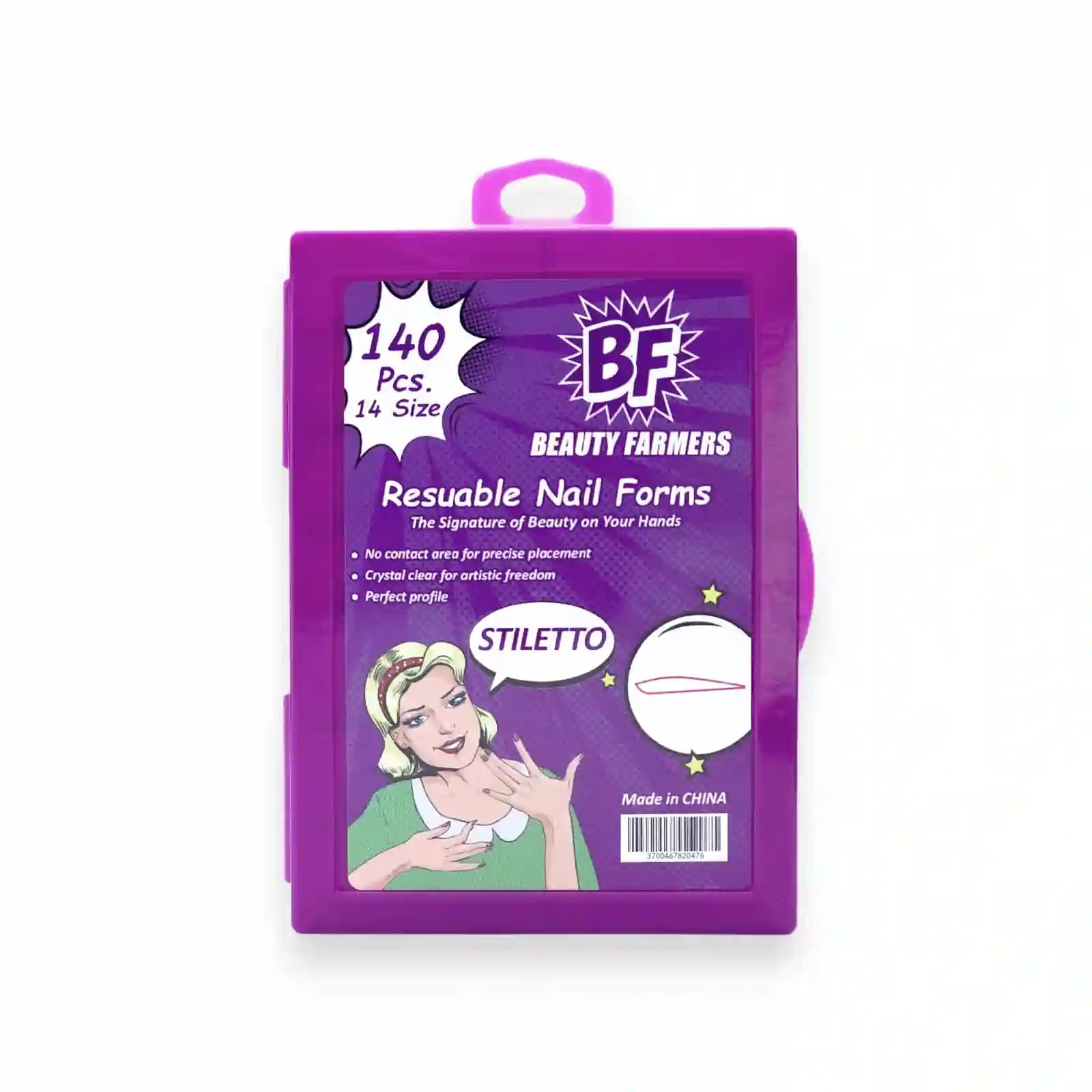 قالب کاشت ناخن بیوتی فارمرز BF طرح استیلتو(Stiletto) بسته ۱۴۰ عددی | تیپ دوال فرم شفاف پلی ژل و ژلیکس مدل نوک‌تیز ۱۴ سایز