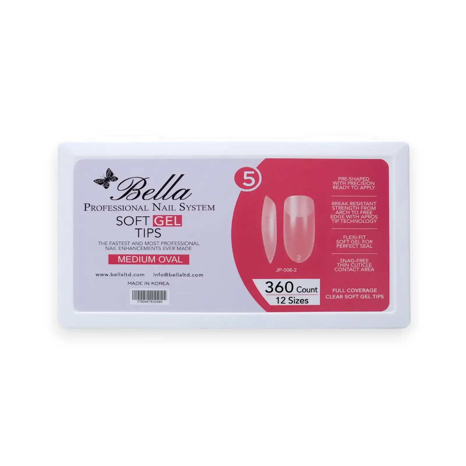 ژل تیپس کاشت ناخن بلا Bella مدل مدیوم اوال (Medium Oval) بسته ۳۶۰ عددی | تیپ ژلیکس فول کاور ۱۲ سایز ساخت کره | (کد:5)