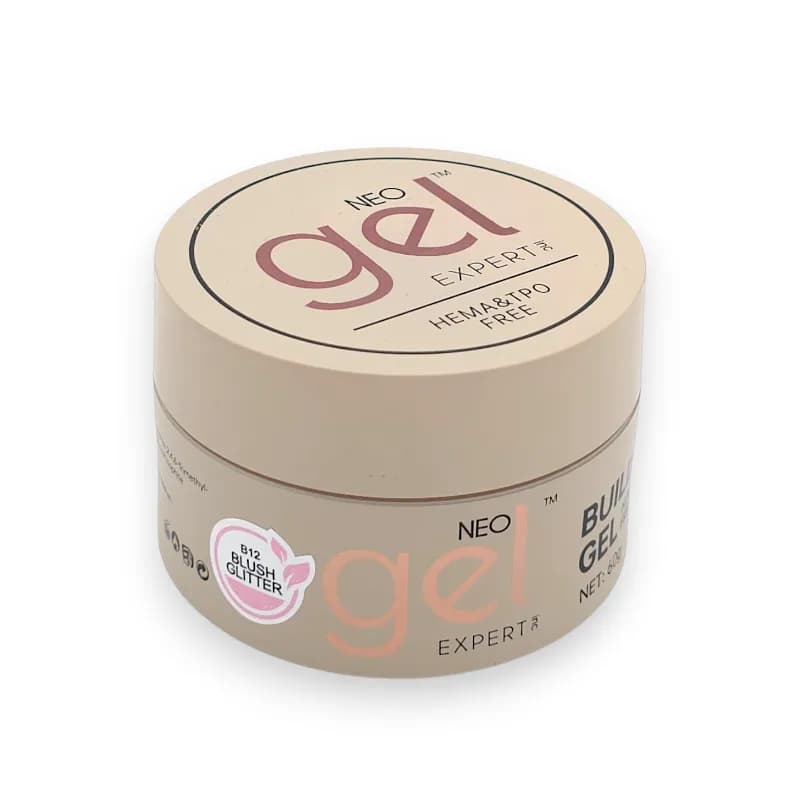 بیلدر ژل کاشت ناخن نئو ژل NEO GEL | رنگ بلااش گلیتر Blush Glitter کد B12 | بدون حساسیت (HEMA TPO Free) | 60 گرم