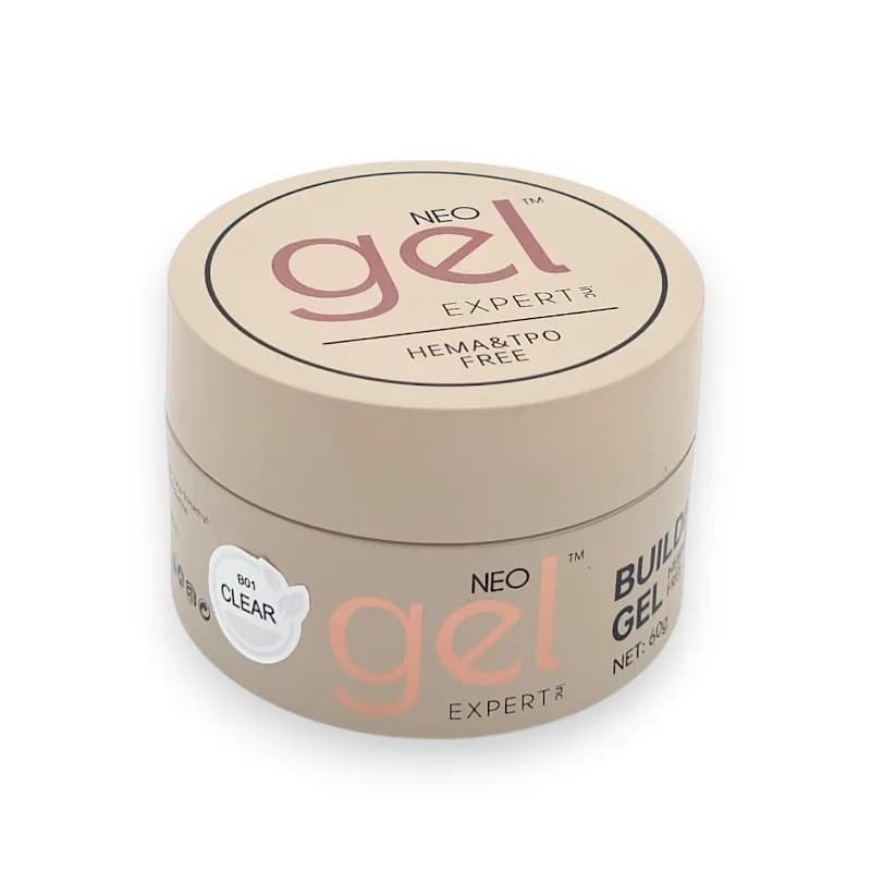 بیلدر ژل کاشت ناخن نئو ژل NEO GEL | رنگ کلیر Clear (شفاف) کد B01 | بدون حساسیت (HEMA TPO Free) | 60 گرم
