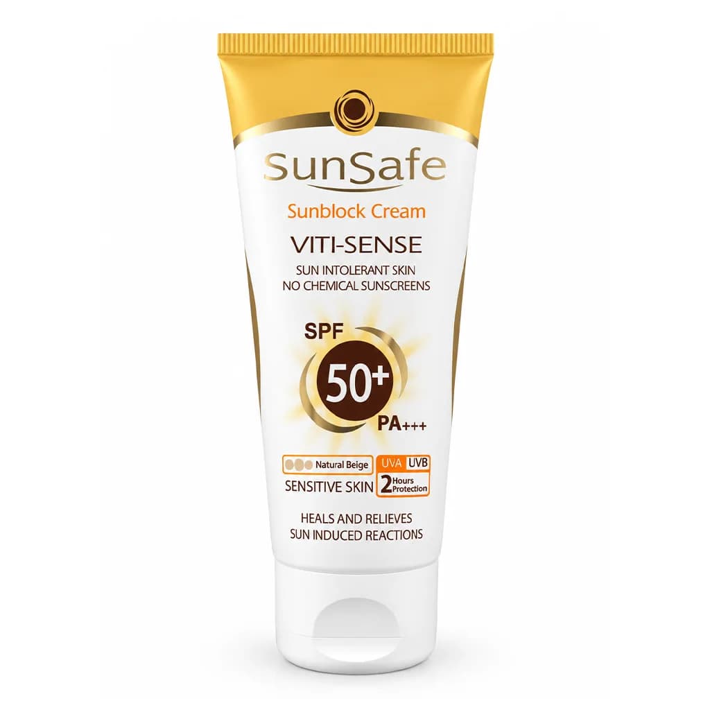 کرم ضد آفتاب رنگی بژ طبیعی SPF50 سان سیف فاقد جاذب های شیمیایی 50 گرم