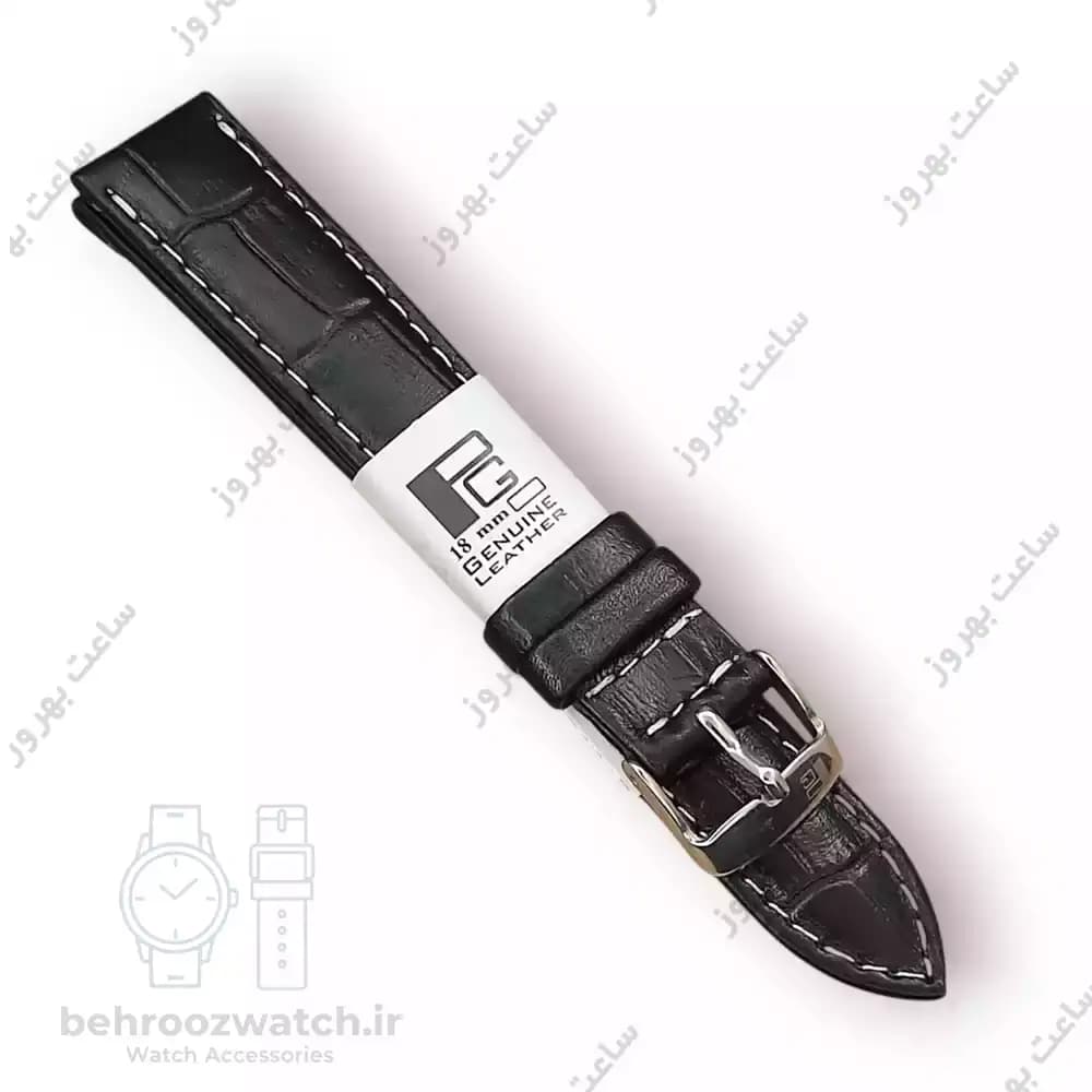 بند ساعت چرم طبیعی PG طرح کروکودیل مشکی دوخت سفید سایز ۱۸
