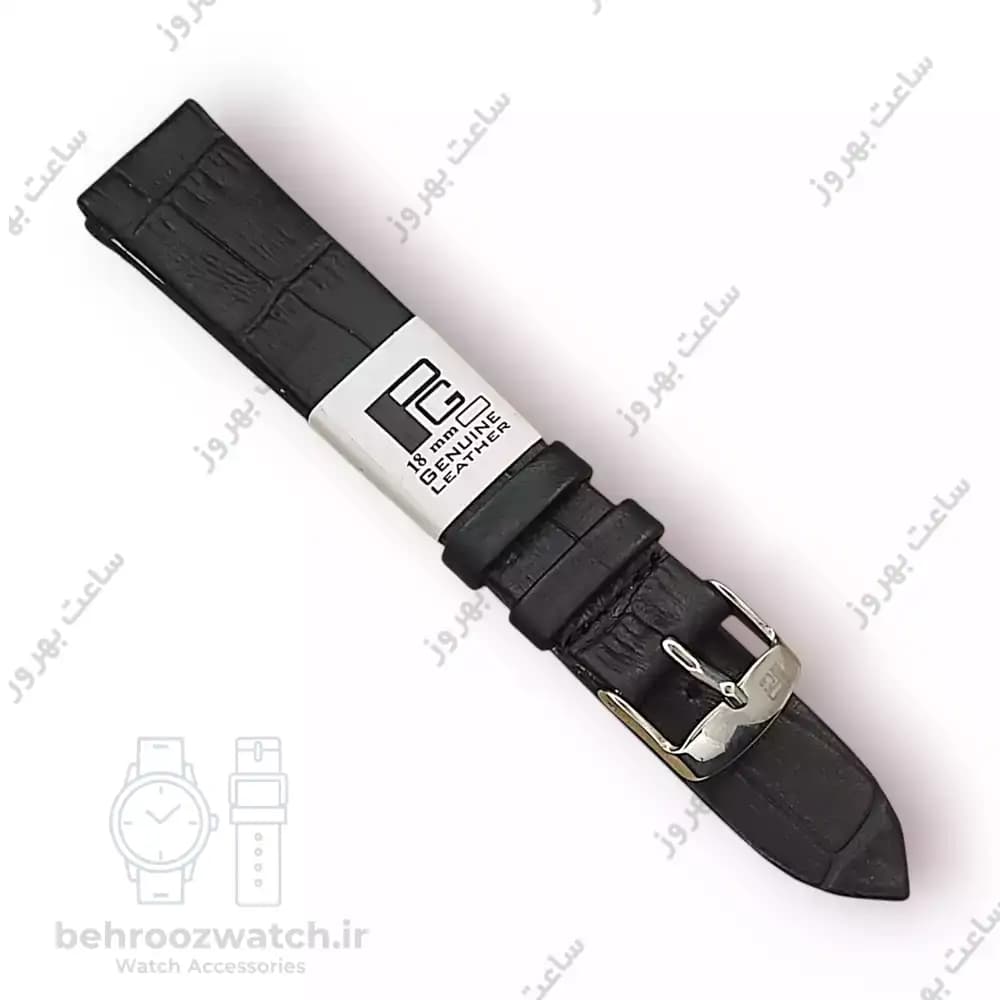 بند ساعت چرم طبیعی PG طرح کروکودیل بدون دوخت مشکی سایز ۱۸