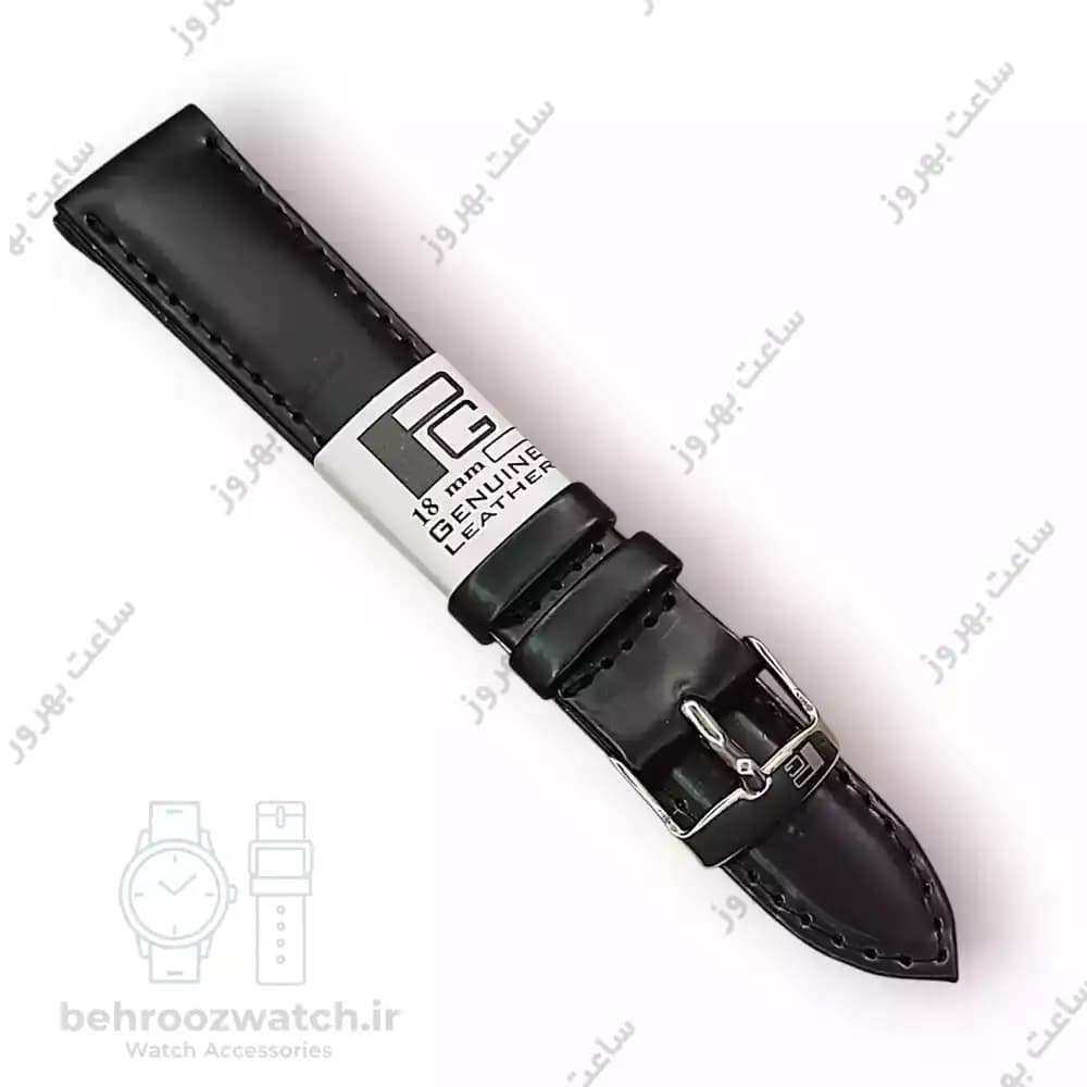 بند ساعت مچی چرم طبیعی PG سایز ۱۸ مشکی براق