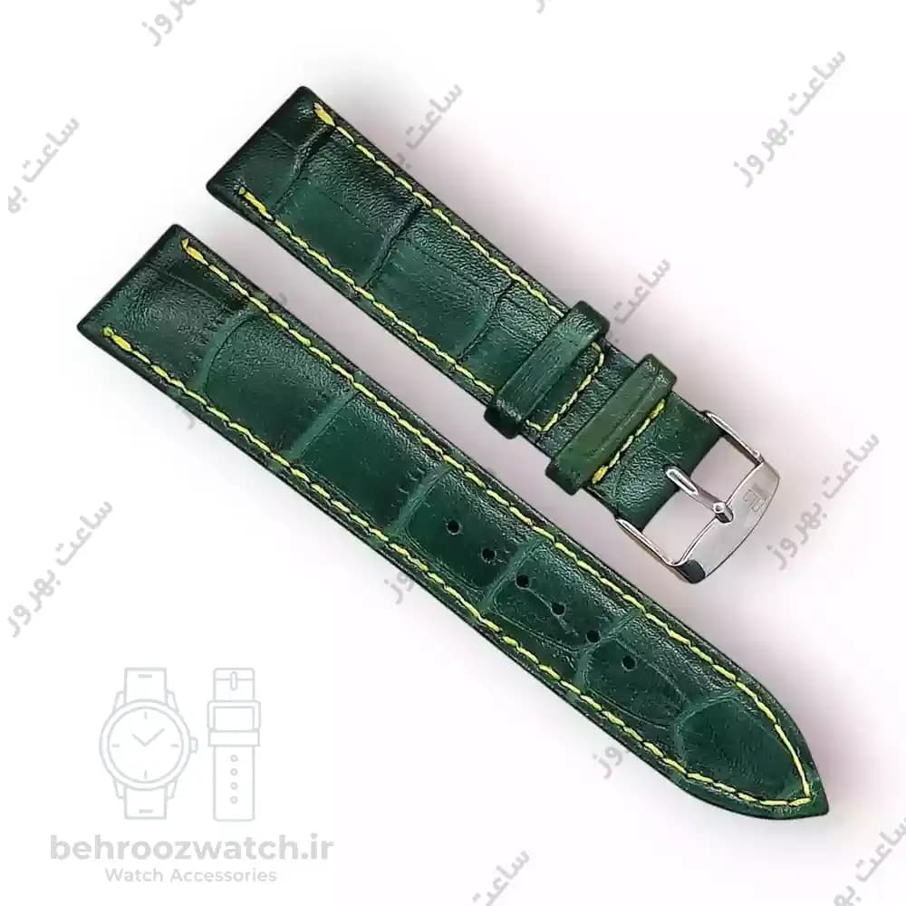 بند ساعت چرم طبیعی PG طرح کروکودیل با دوخت زرد (سایز 20)