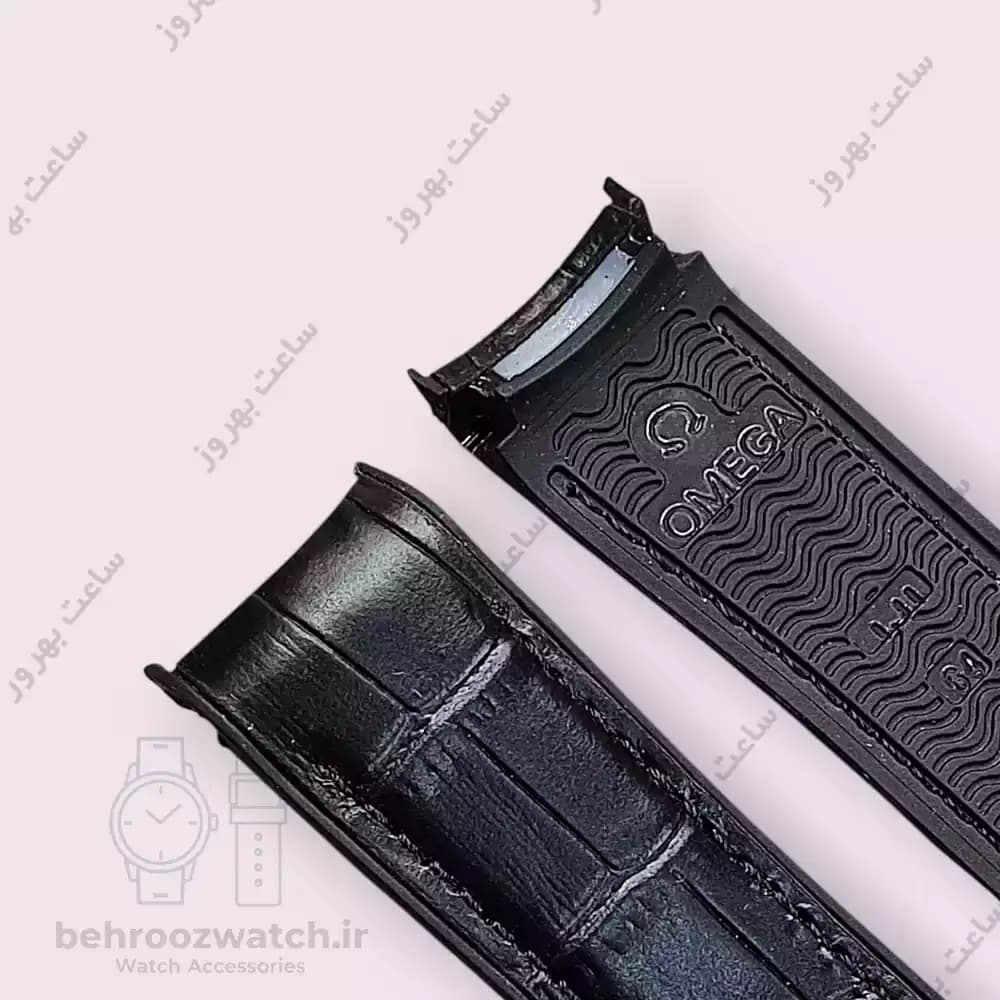 بند ساعت امگا سیمستر مشکی با رویه چرم طرح کروکودیل و زیره رابر (مدل غواصی) — تصویر ۳