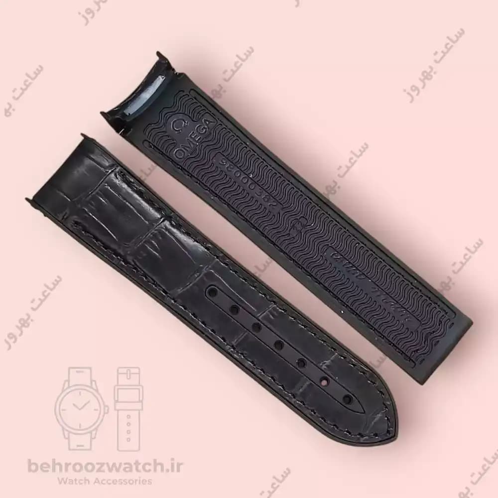 بند ساعت امگا سیمستر مشکی با رویه چرم طرح کروکودیل و زیره رابر (مدل غواصی) — تصویر ۴