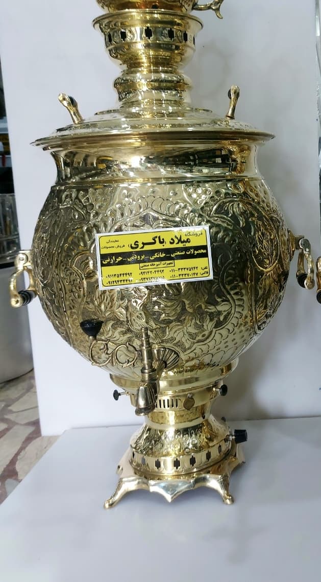 سماور گازی برنجی ۲۵ لیتری سنتی تنوره دار طلایی — تصویر ۲