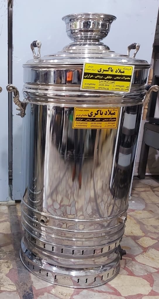 سماور گازی برنجی ۶۰ لیتری تنوره دار ترموکبل دار نقره ای — تصویر ۵