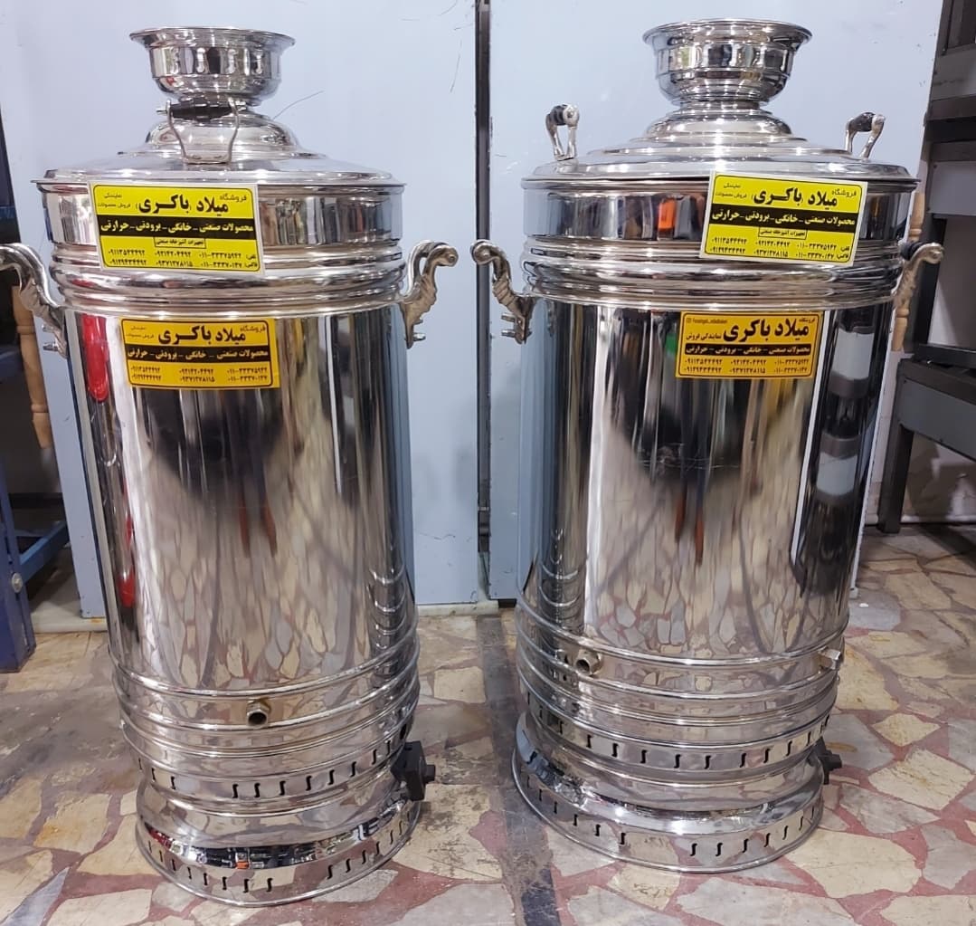 سماور گازی برنجی ۶۰ لیتری تنوره دار ترموکبل دار نقره ای