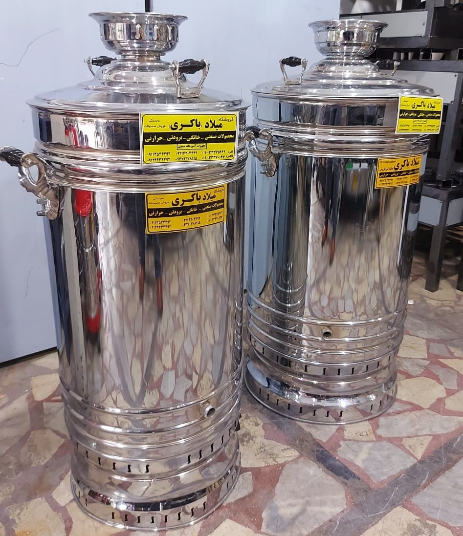 سماور گازی برنجی ۶۰ لیتری تنوره دار ترموکبل دار نقره ای — تصویر ۷