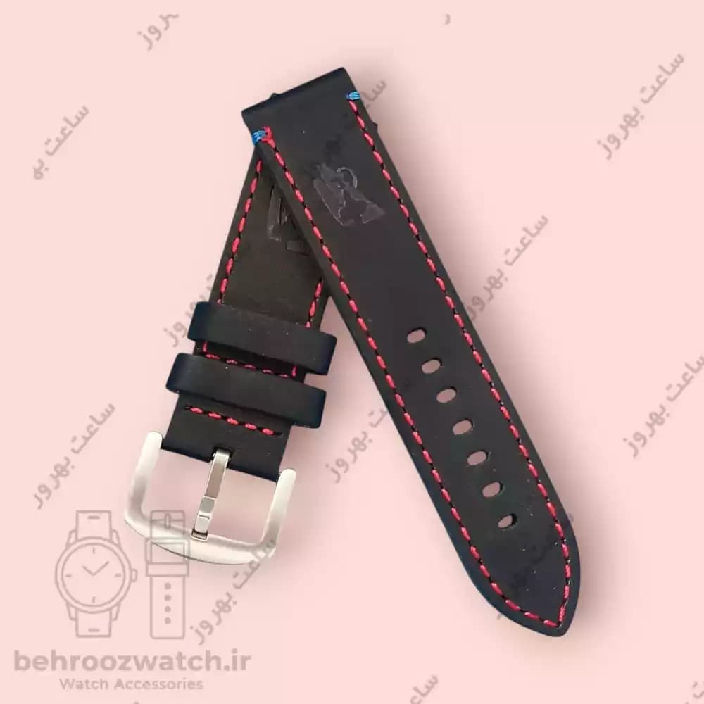 بند ساعت مچی چرم اسپرتی سایز 24 مشکی دوخت قرمز — تصویر ۴