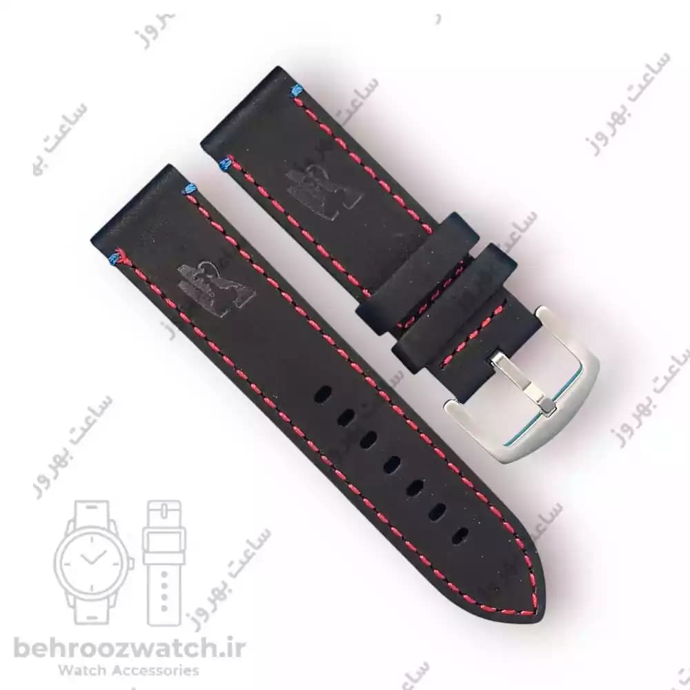 بند ساعت مچی چرم اسپرتی سایز 24 مشکی دوخت قرمز