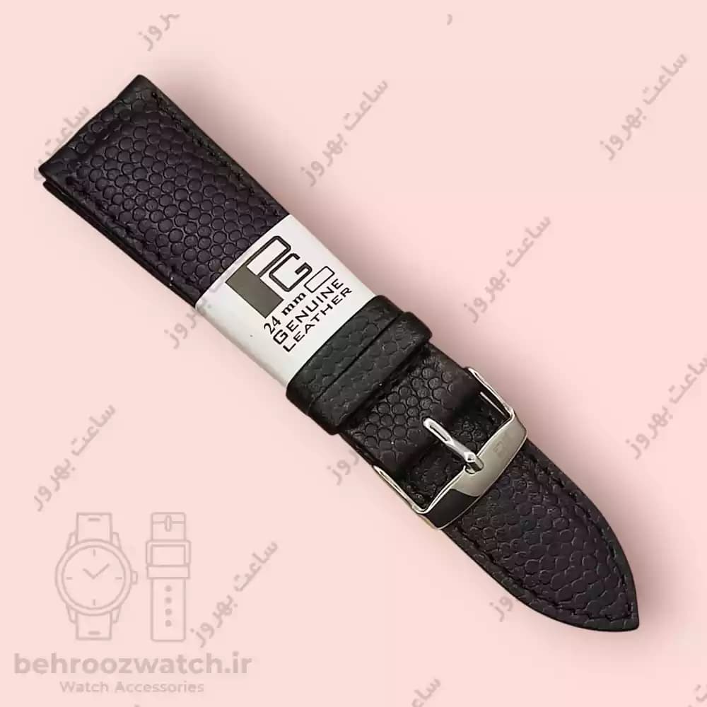 بند ساعت چرم طبیعی PG طرح بوفالو مشکی (سایز 24)