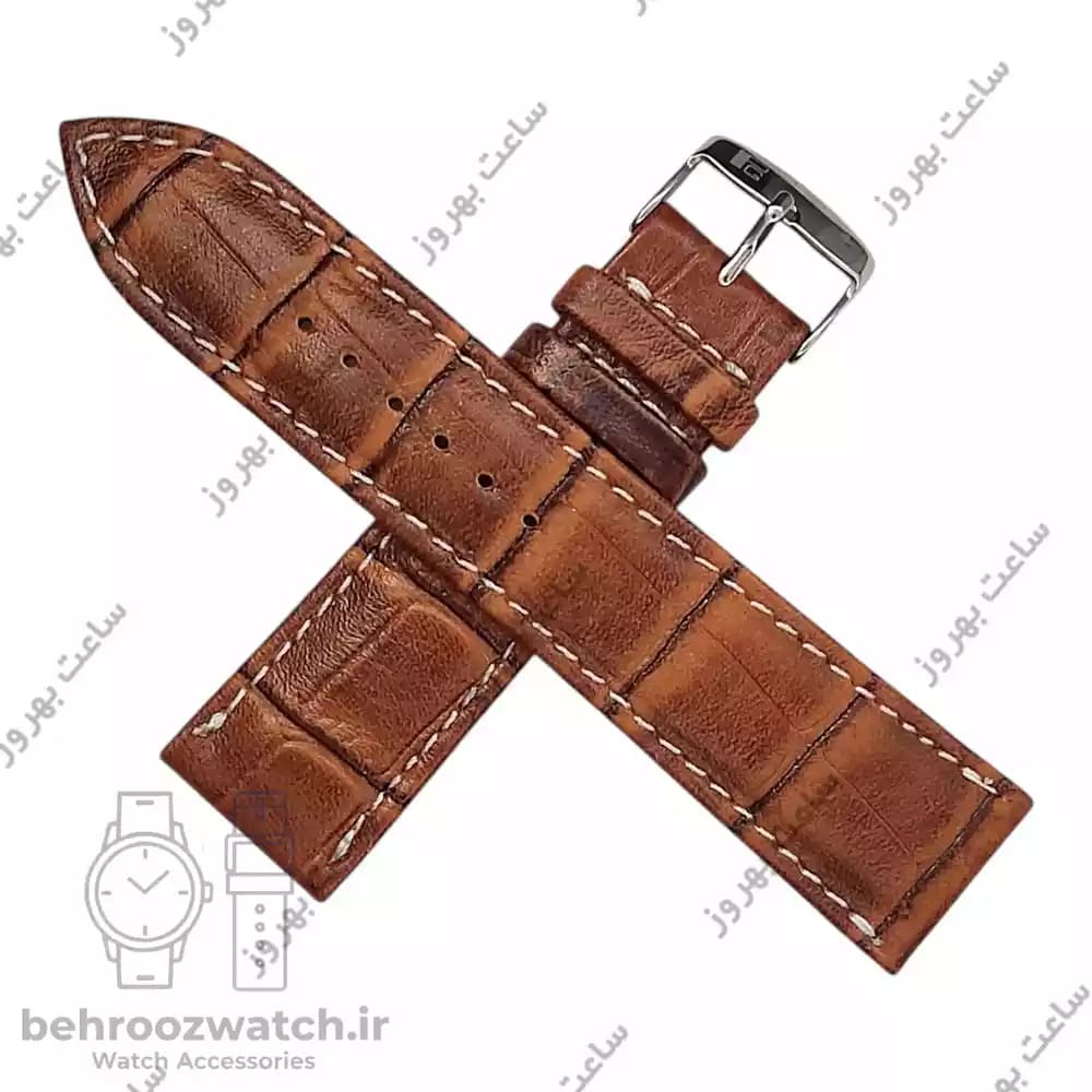 بند ساعت چرم طبیعی PG طرح کروکودیل قهوه ای متوسط دوخت سفید (سایز 22) — تصویر ۳