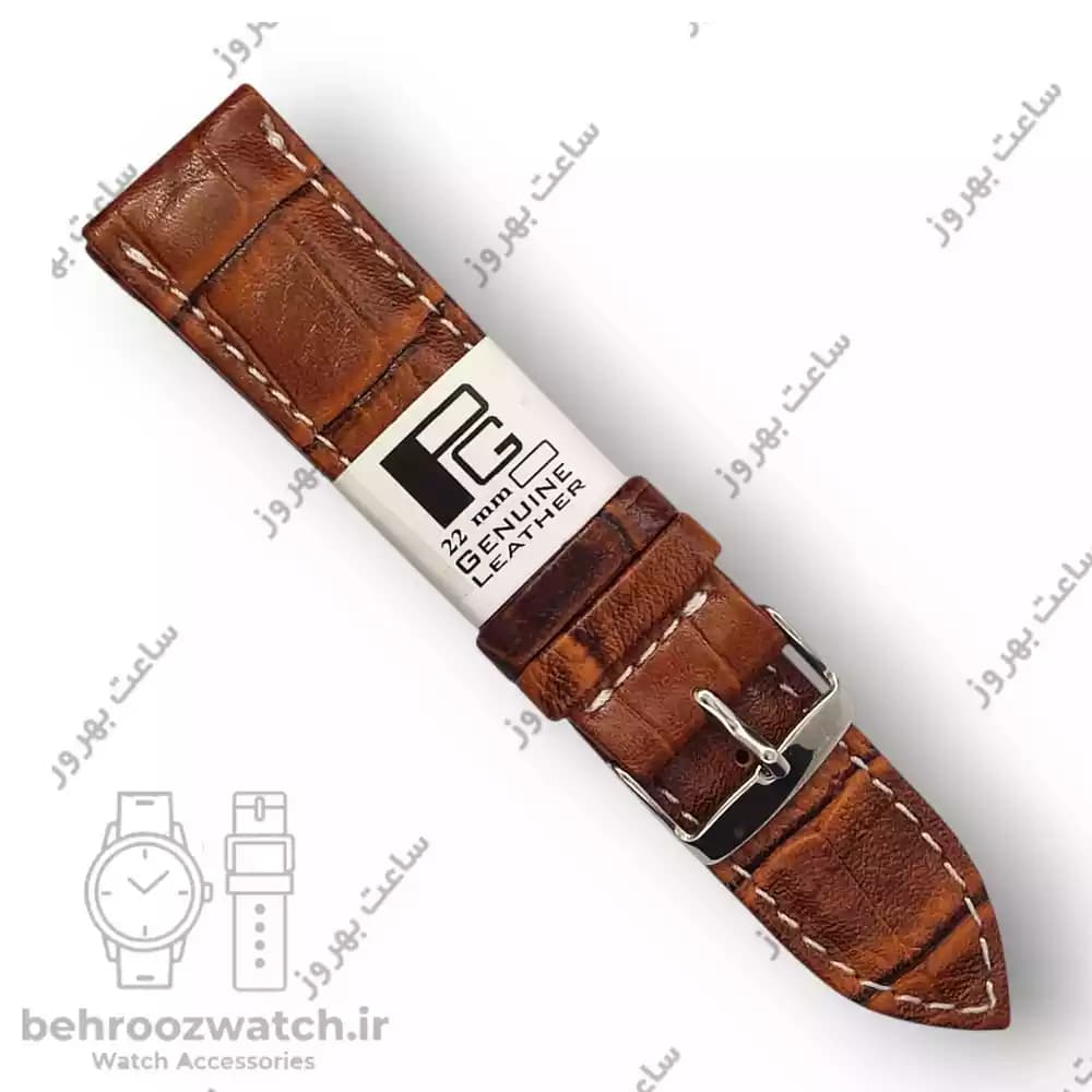 بند ساعت چرم طبیعی PG طرح کروکودیل قهوه ای متوسط دوخت سفید (سایز 22)