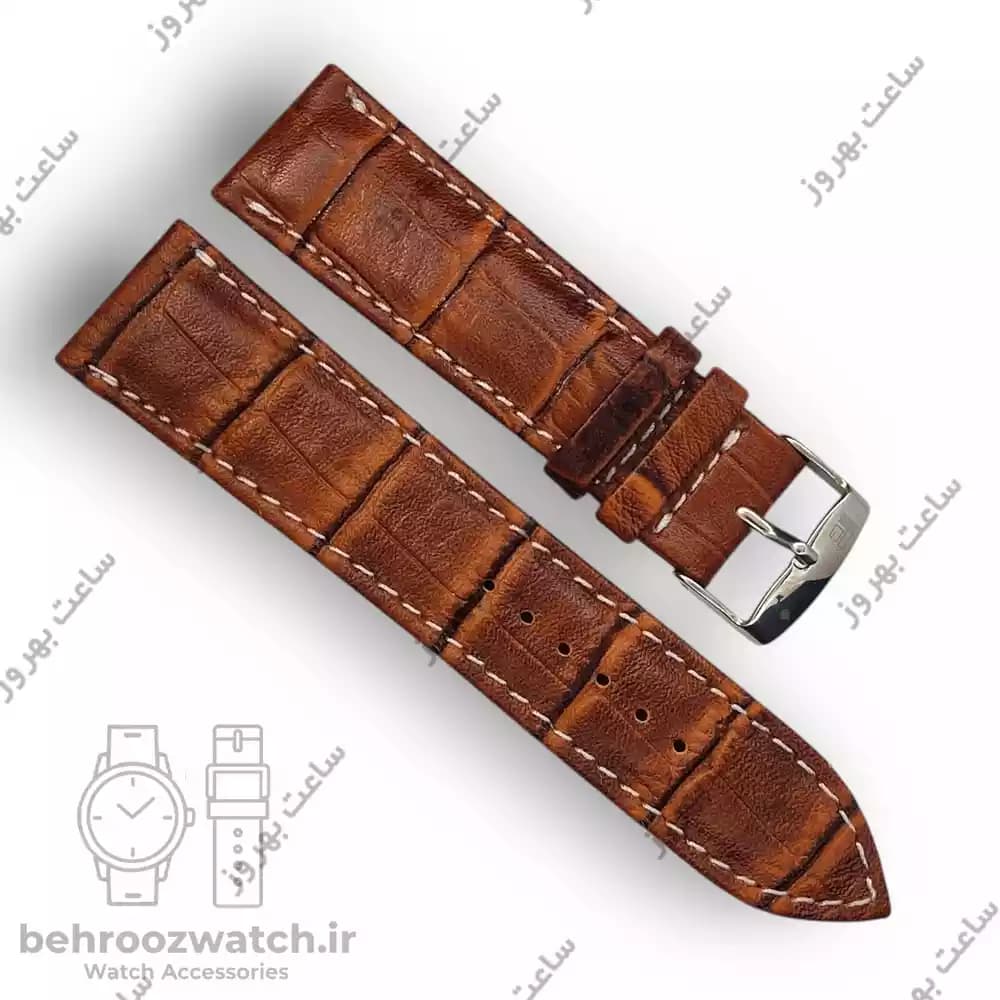 بند ساعت چرم طبیعی PG طرح کروکودیل قهوه ای متوسط دوخت سفید (سایز 22) — تصویر ۵