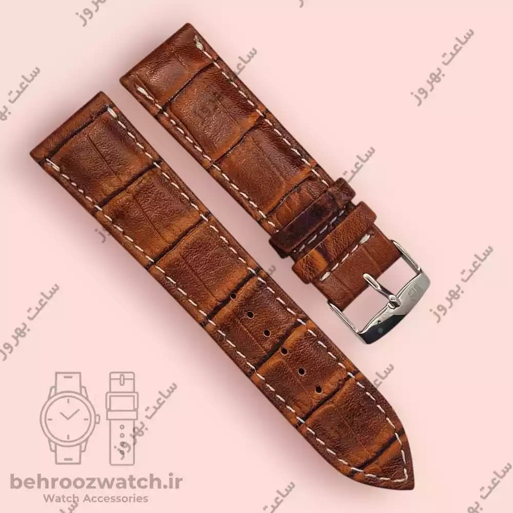 بند ساعت چرم طبیعی PG طرح کروکودیل قهوه ای متوسط دوخت سفید (سایز 22) — تصویر ۲