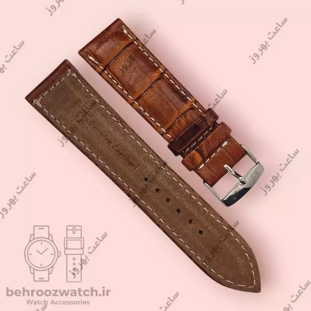 بند ساعت چرم طبیعی PG طرح کروکودیل قهوه ای متوسط دوخت سفید (سایز 22) — تصویر ۴
