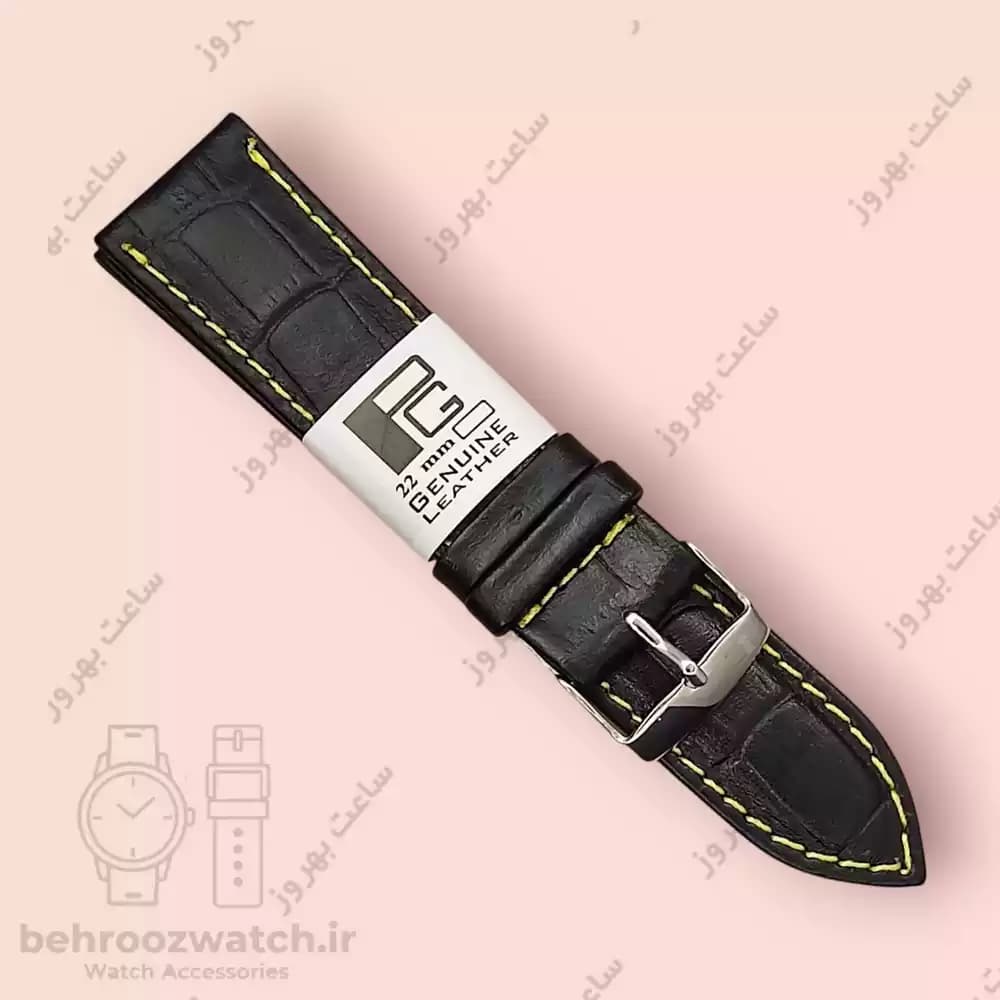بند ساعت چرم طبیعی PG طرح کروکودیل مشکی دوخت زرد (سایز 22)