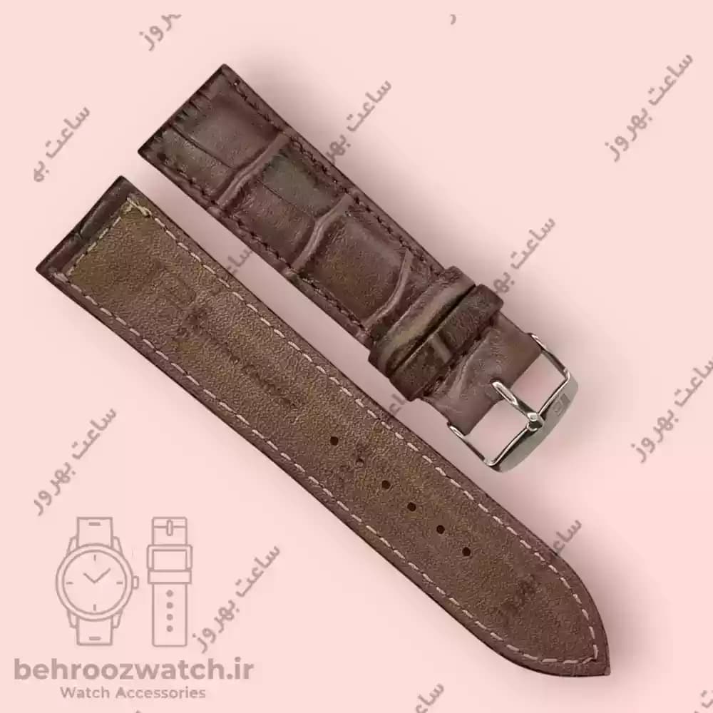 بند ساعت چرم طبیعی PG طرح کروکودیل قهوه ای خاکی (سایز 22) — تصویر ۴