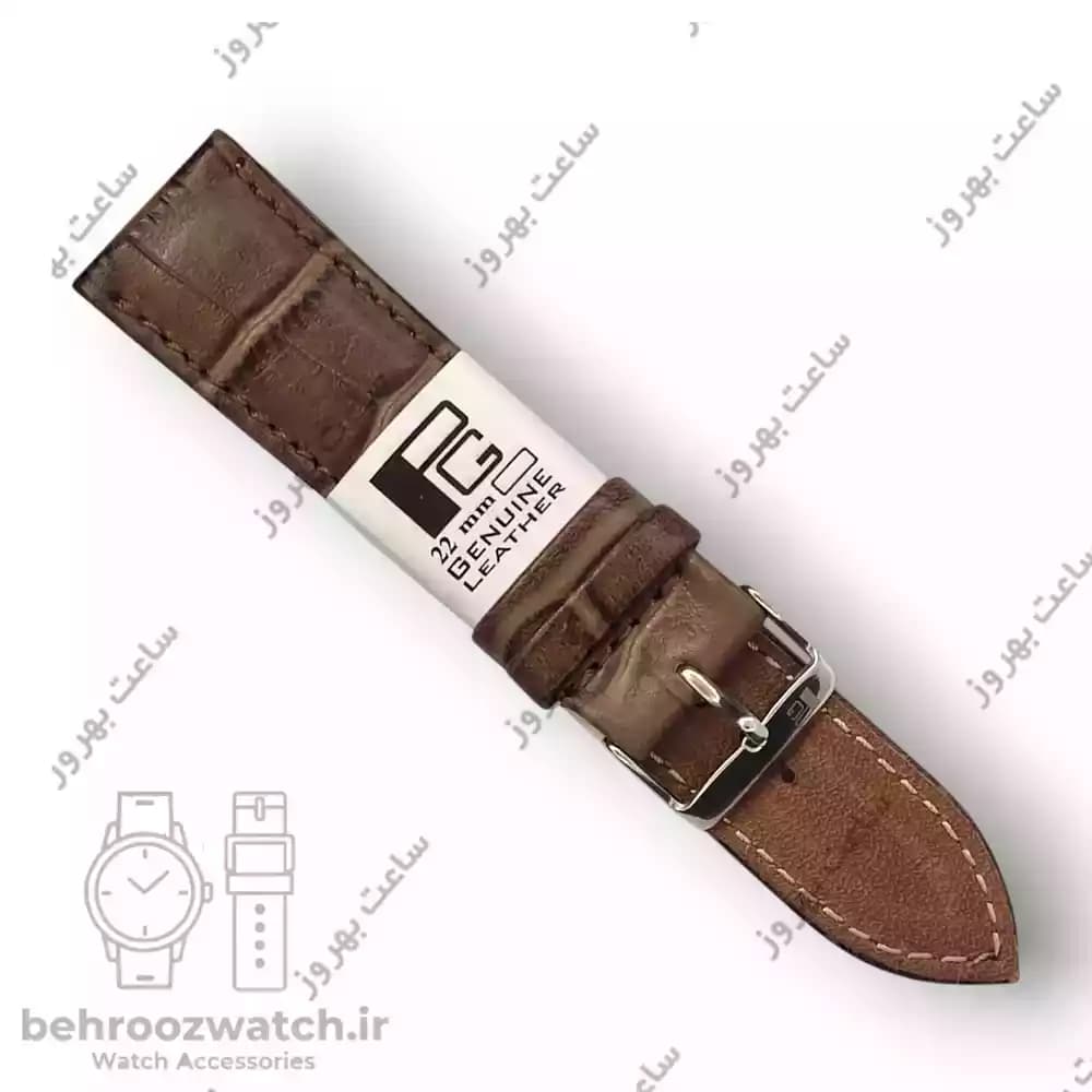 بند ساعت چرم طبیعی PG طرح کروکودیل قهوه ای خاکی (سایز 22)
