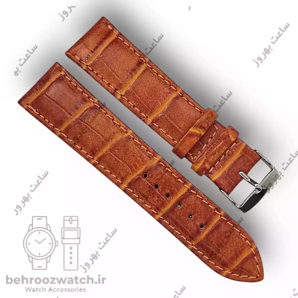 بند ساعت چرم طبیعی PG طرح کروکودیل عسلی پررنگ (سایز 22) — تصویر ۲