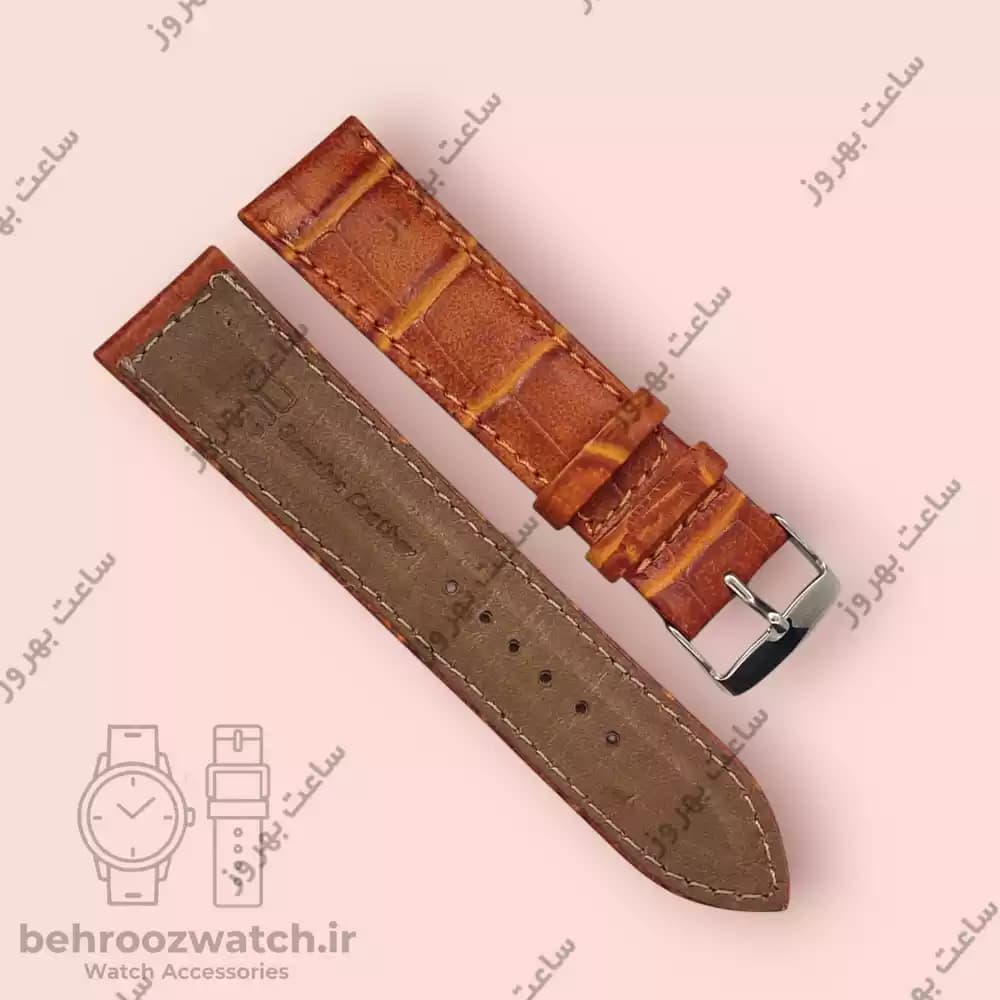 بند ساعت چرم طبیعی PG طرح کروکودیل عسلی پررنگ (سایز 22) — تصویر ۳