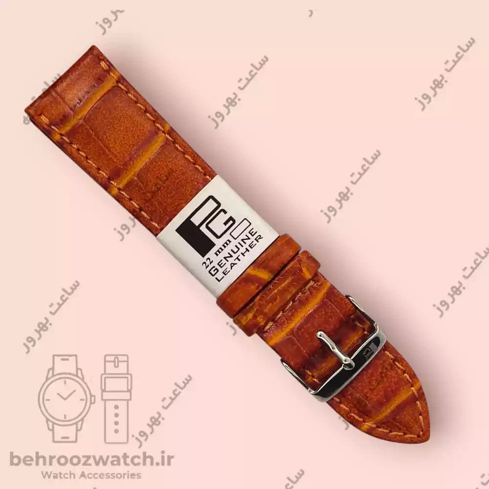 بند ساعت چرم طبیعی PG طرح کروکودیل عسلی پررنگ (سایز 22)