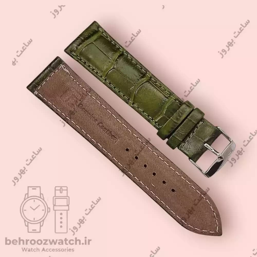 بند ساعت چرم طبیعی PG طرح کروکودیل سبز ارتشی (سایز 22) — تصویر ۴