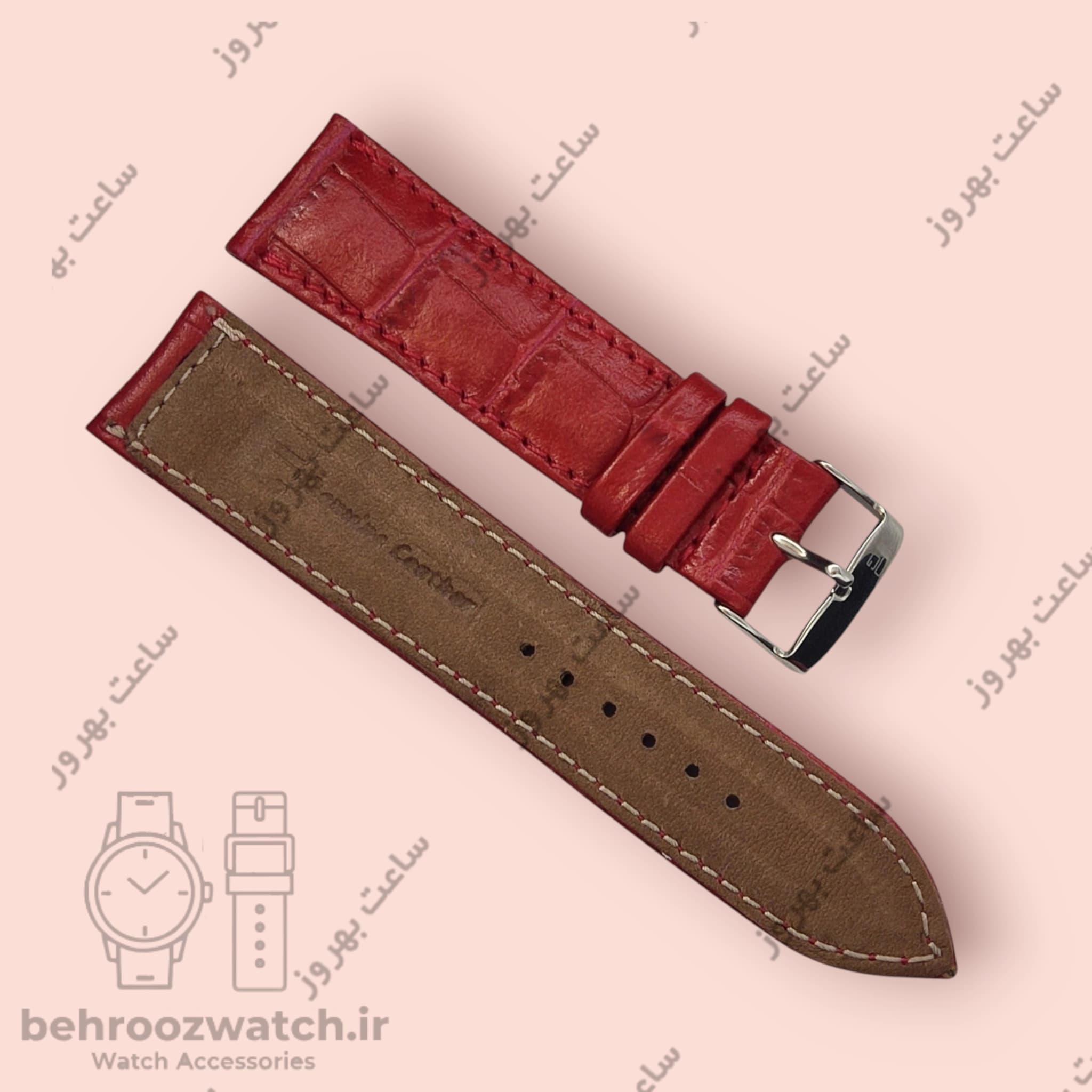بند ساعت چرم طبیعی PG طرح کروکودیل آلبالویی (سایز 22) — تصویر ۳