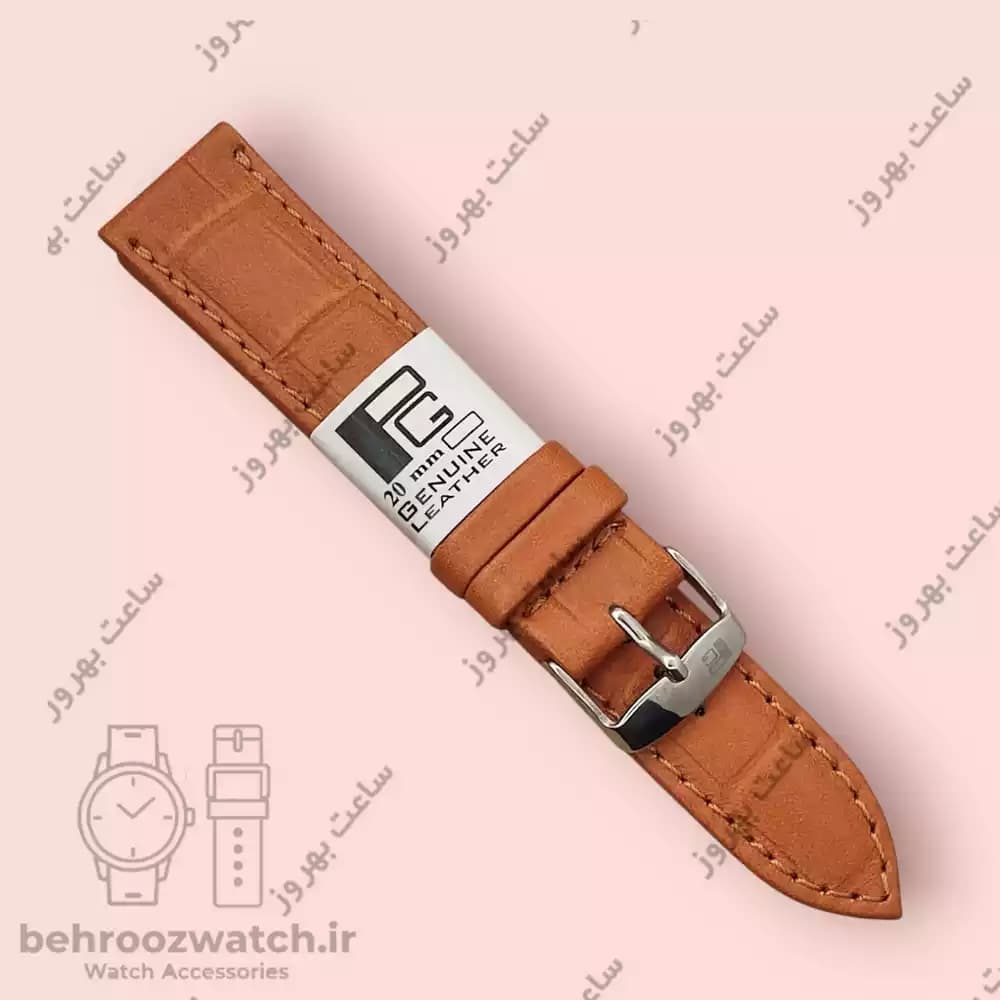بند ساعت چرم طبیعی PG طرح کروکودیل نارنجی سیر (سایز 20)